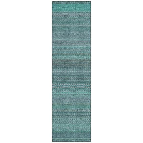 Turquoise 2 ft. x 8 ft. Woven Striped Polyester Runner Indoor / Outdoor Area Rug