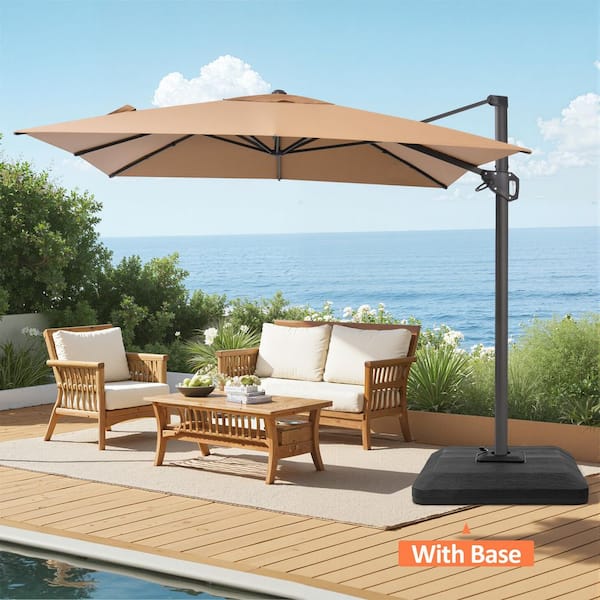 Pellebant 9 ft. x 11.5 ft. Aluminum Cantilever Swivel Tilt Patio Umbrella in Tan with 4-piece Base