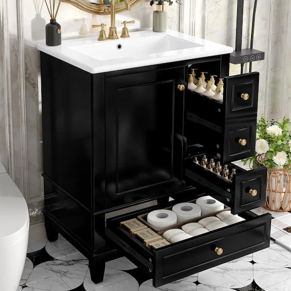 24 in. Single Sink Freestanding Black Bath Vanity with White Ceramic Top, 3 Drawers, Soft Close Doors, Unassembled