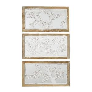 14 in. x 26 in. Mango Wood White Tree Wall Art Decor with Brown Frames and Mirrored Backing (Set of 3)