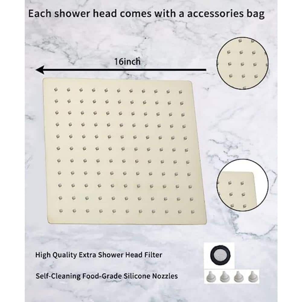 Brushed Gold 16" Square Rain Shower Head with Wall Mount