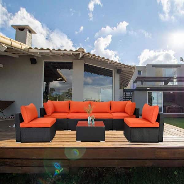 Unbranded 7 Pieces Black Wicker Outdoor Patio Conversation Set with Orange Cushions, Coffee Table, for Garden, Poolside