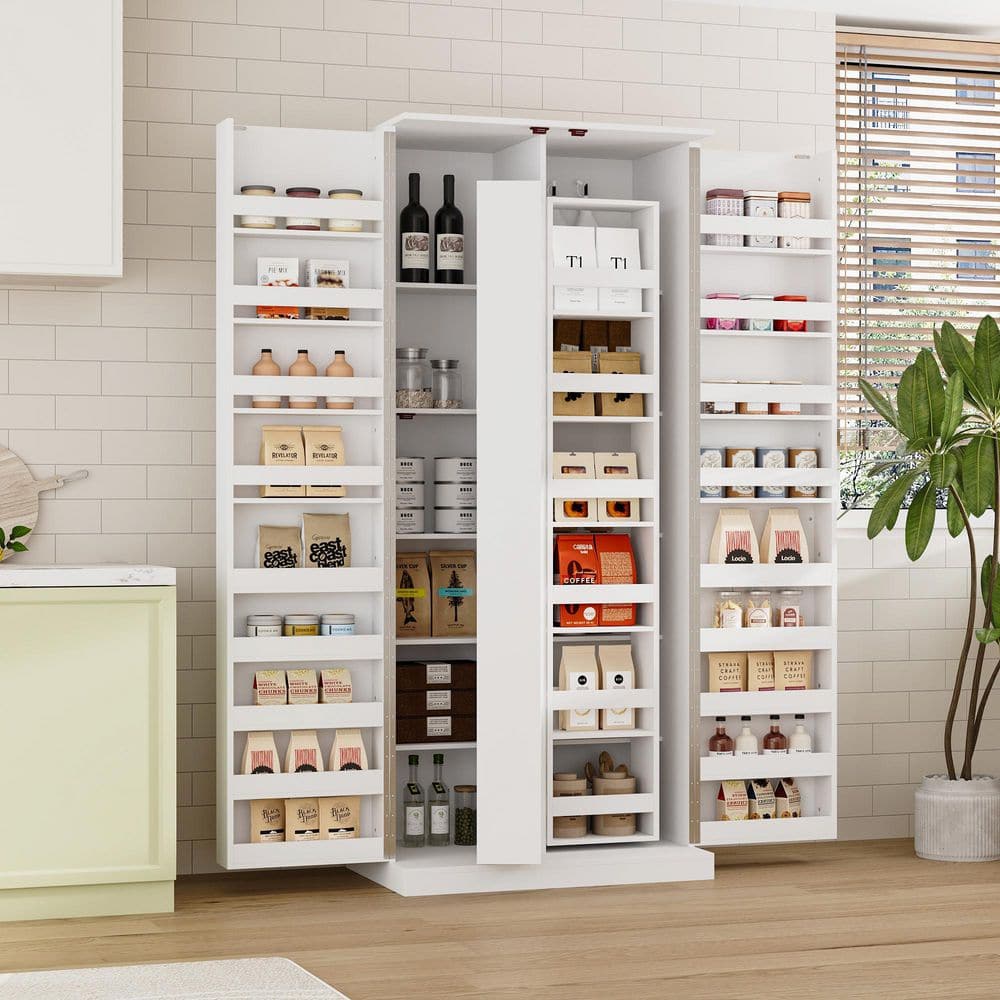 42-Shelf White Wood Food Pantry Organizer with Rotating Racks and Door-Mounted Storage, Freestanding Kitchen Cupboard price history on PriceWatchPro