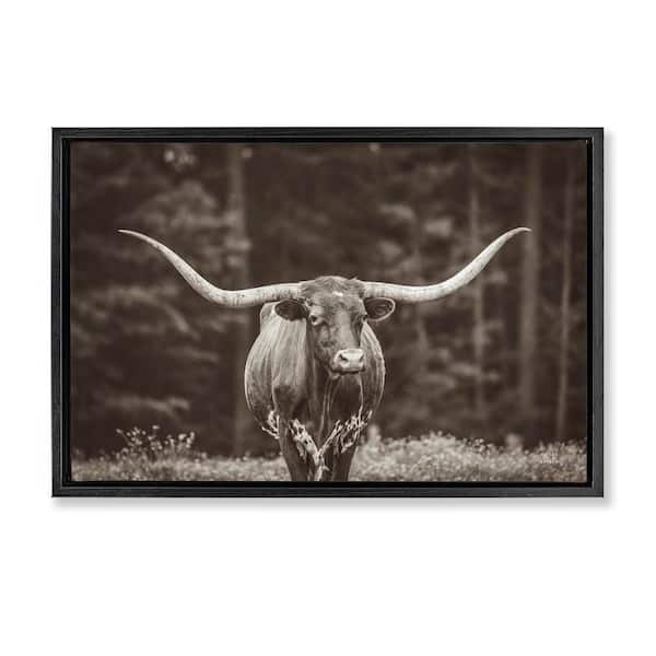 Stupell Industries Longhorn Among Flowers by Nathan Larson Black Floater Frame Animal Graphic Art Print 17 in. x 25 in.