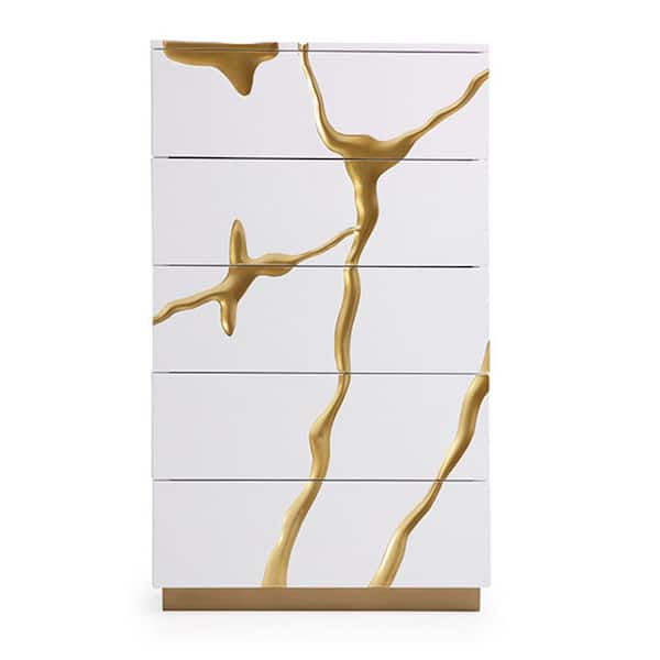 Benjara 19 in. White and Gold 5-Drawer Wooden Chest of Drawers