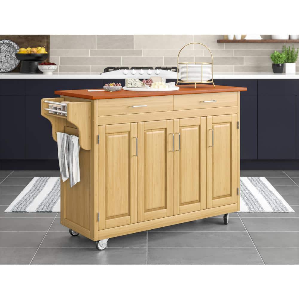 Natural Wood Kitchen Cart with Oak Top and Storage