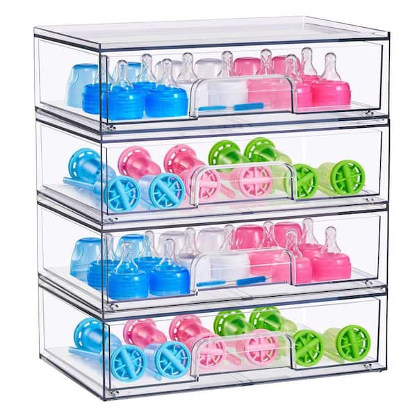 Sorbus Wide Stackable Acrylic Storage Drawers, 4 Pack Clear Plastic Organizer Bins for Baby Bottles, Makeup, Bathroom, Vanity & Kitchen Countertop