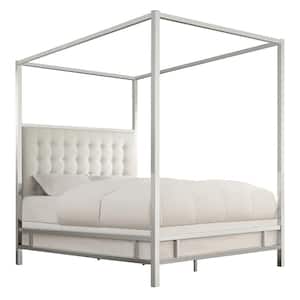 Off White Metal Canopy Bed with Upholstered Headboard