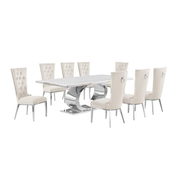Ibraim 9-Piece Rectangle White Marble Top with Stainless Steel Base Dining Set with 8 Cream Velvet Fabric Chairs