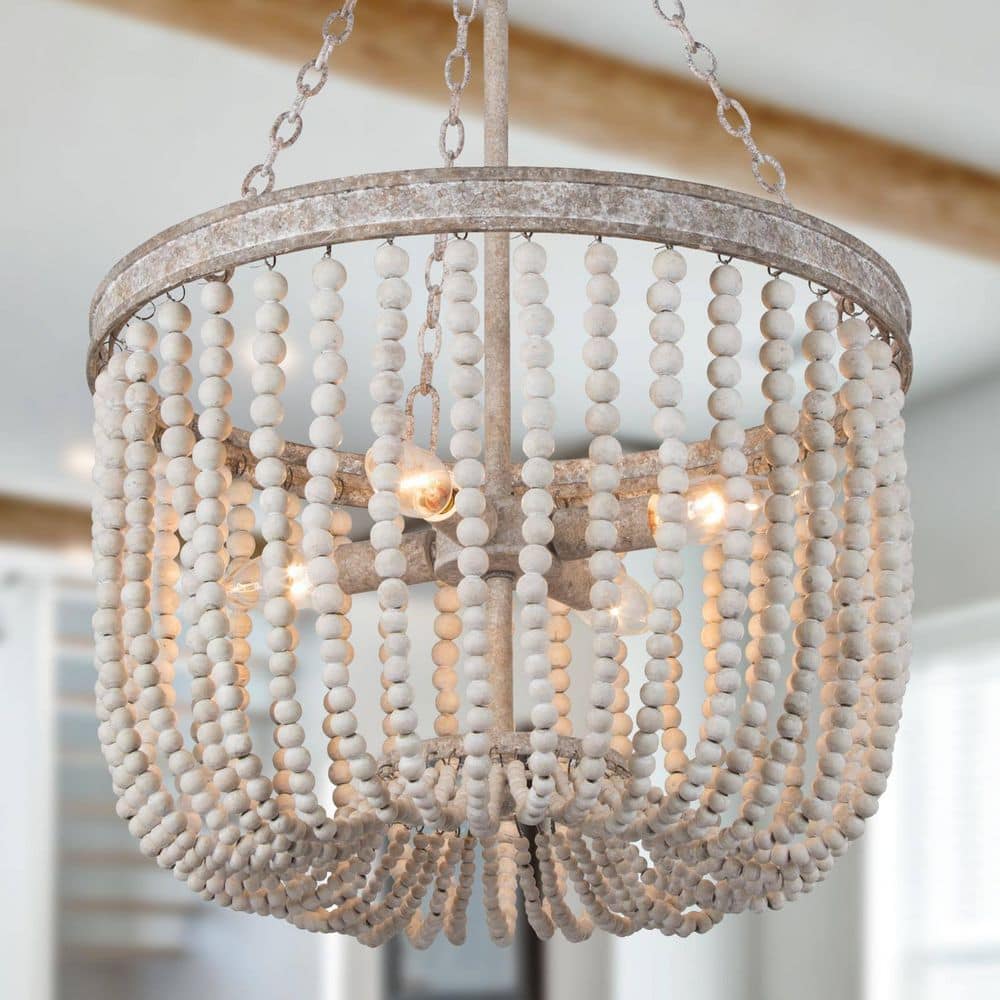 4-Light Weathered White Drum Chandelier with White Wood Beads price history on PriceWatchPro