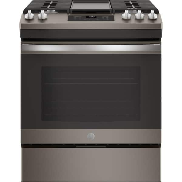 GE 5.3 cu. ft. Slide-In Gas Range with Steam-Cleaning Oven in Slate with Griddle, Fingerprint Resistant