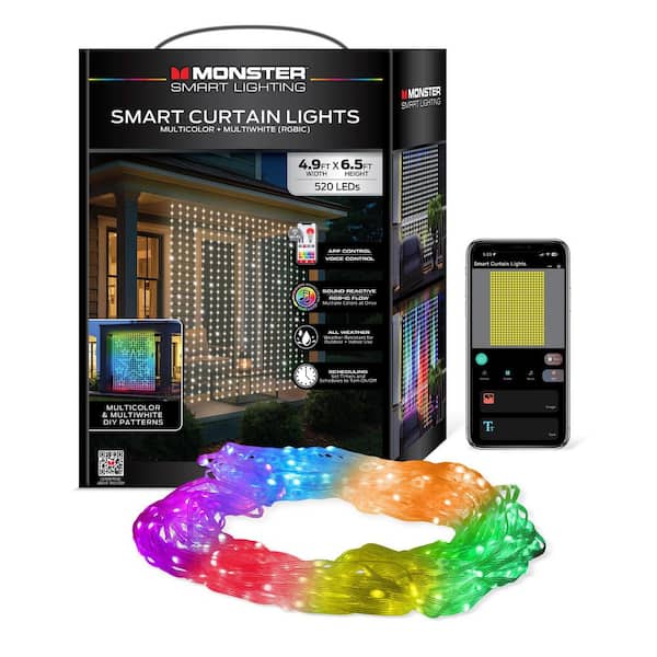 Smart Multicolor Curtain Lights w/ Multiwhite, 520 LED Smart Curtain Light Display 4.9 ft. x 6.5 ft., App, Voice Control