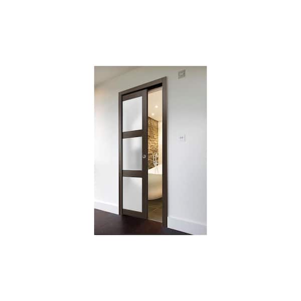 2552 42 in. x 96 in. 3 Panel Brown Finished Wood Sliding Door with Pocket Hardware
