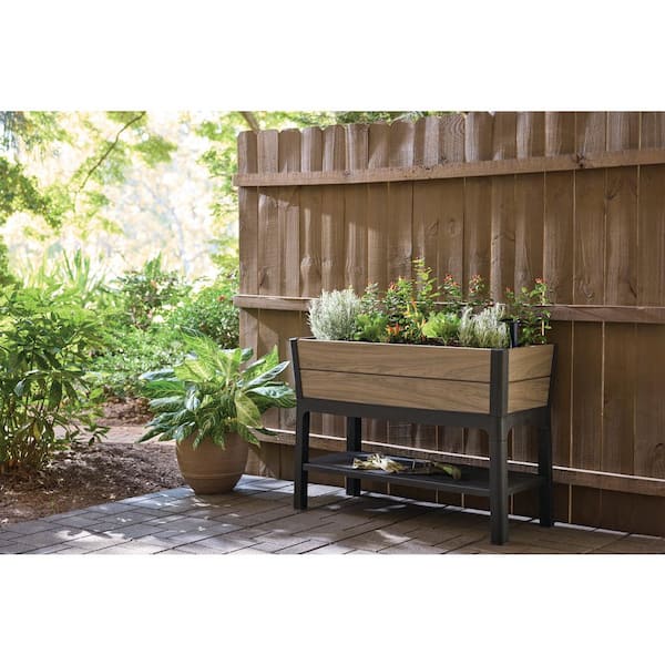 Oak Vinyl Resin Garden Bed Planter with Storage Shelf (44 in. L x 18 in. W x 31 in. H)