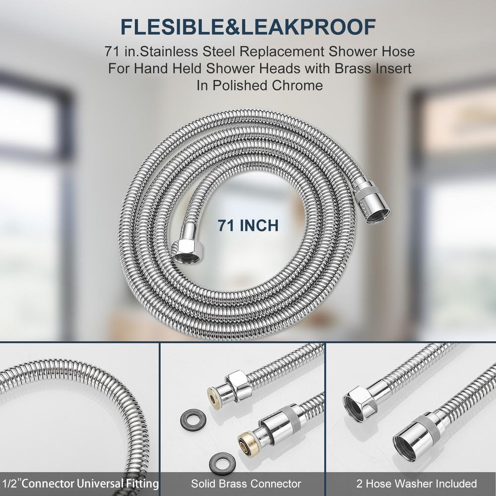 71-Inch Chrome Flexible Handheld Shower Hose with Brass Fittings