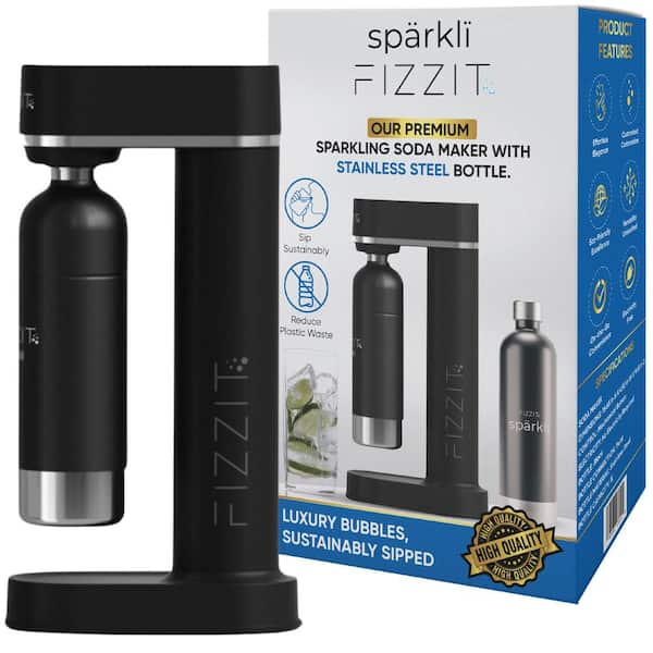 FIZZIT Stainless Steel Black Sparkling Water and Soda Maker Machine with Black Stainless Steel 1L Re-Usable Bottle