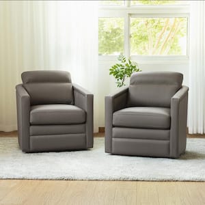Elvira 28.74 in. Wide Grey Genuine Leather Swivel Chair with Squared Arms Set of 2