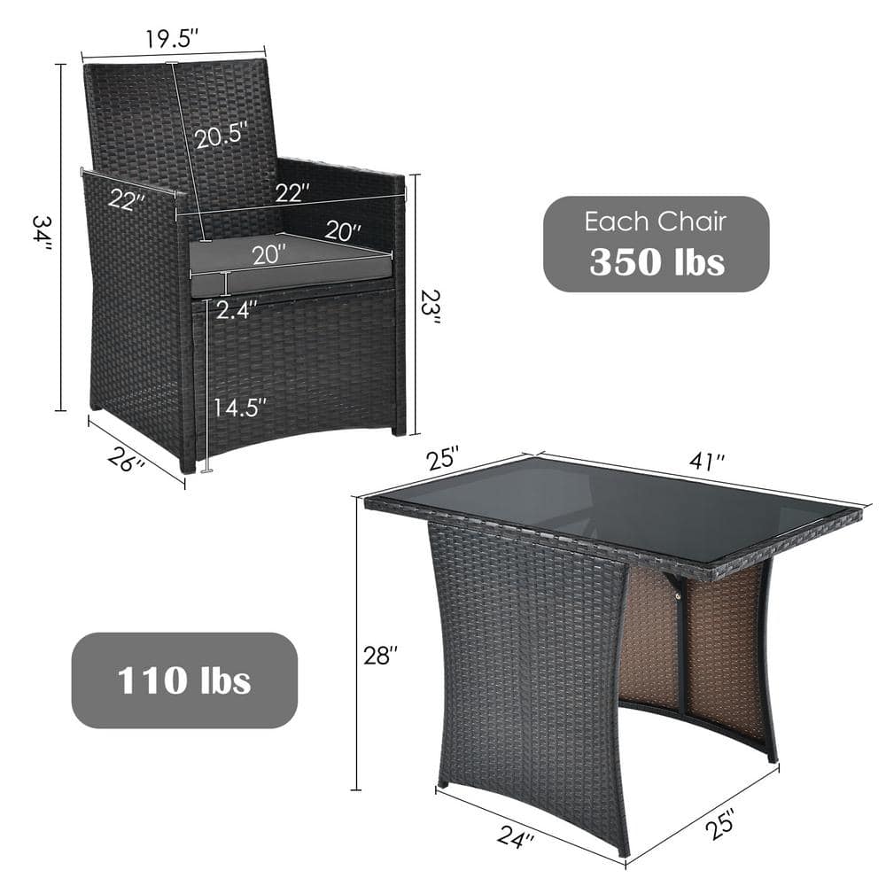 Gray 3-Piece Outdoor Bistro Set with Cushions and Tempered Glass Table