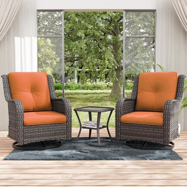 Swivel Brown Wicker Outdoor Rocking Chair with Orange Cushions and Side Table (Set 3-Pack)