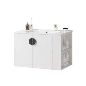 30 in. W Single Sinks Wall Mounted Bath Vanity in White with White Ceramic Top and Right Side Shelf