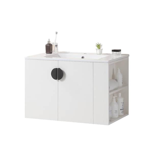 Dimakai 30 in. W Single Sinks Wall Mounted Bath Vanity in White with White Ceramic Top and Right Side Shelf