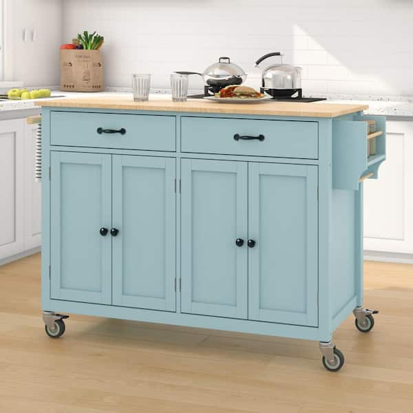 FAMYYT Rolling Green Rubber Wood Desktop 54 in. Kitchen Island with ...