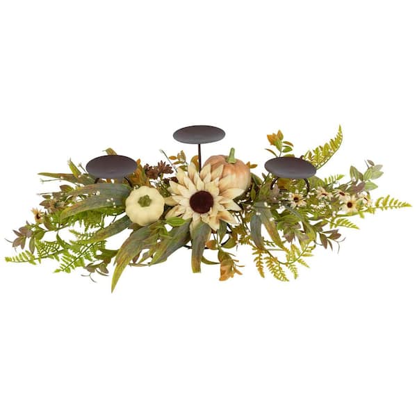 Sunflower and Pumpkins Fall Harvest Triple Candle Holder-28"