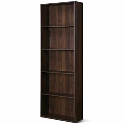 67 in. H Walnut Engineered Wood 5-Shelf Standard Bookcase Stand Multi Functional Storage Display Cabinet