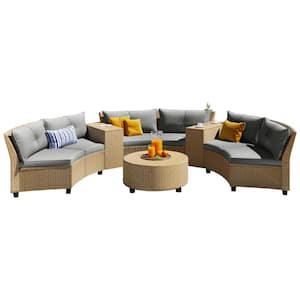 9-Pieces Rattan Composite Outdoor Fan-Shaped Suit Combination Loveseat with Cushions and Table Gray