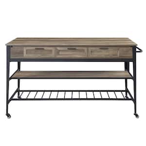 Black Metal Kitchen Island Storage Cart with Oak Countertop, 3 Drawers and 4 Wheels