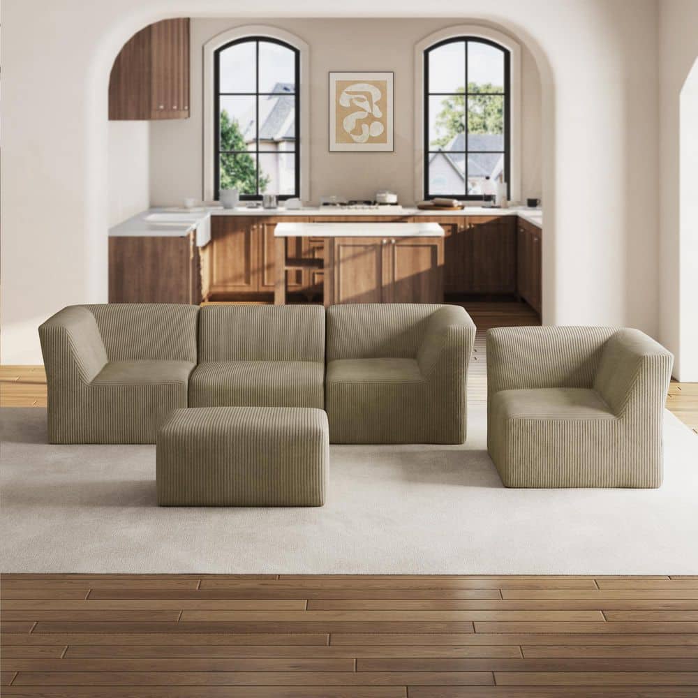 106.15 in. Square Arm 5-Piece Corduroy Modular Free Combination Sectional Sofa in Khaki with Ottoman