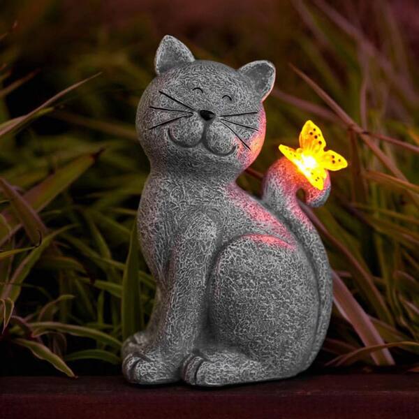 8 in. Gray Resin Solar Cat Statue HPCCCWDXKZ - The Home Depot