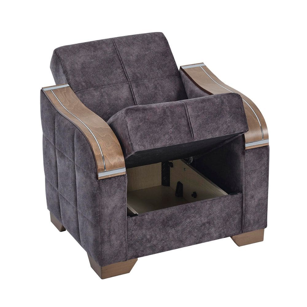 Armchair with storage compartment open for demonstration.