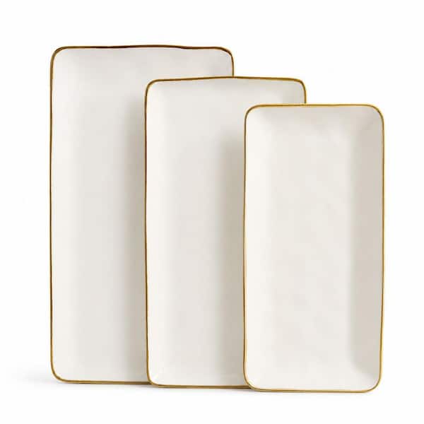 Vanilla White Stoneware Rectangular Serving Platter Set of 3 for Entertaining and Everyday Table Meals