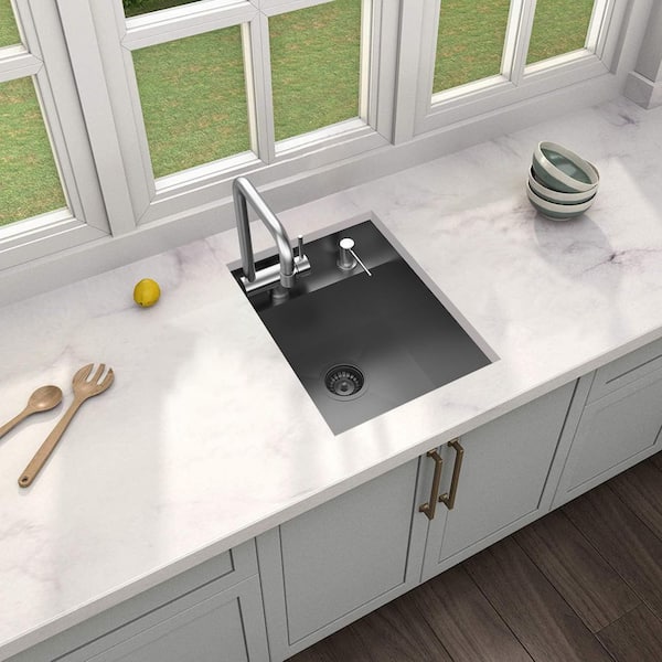 Zero Radius 15 in. Undermount 18G Gunmetal Black Stainless Steel Single Bowl Workstation Bar Sink with Folding Faucet