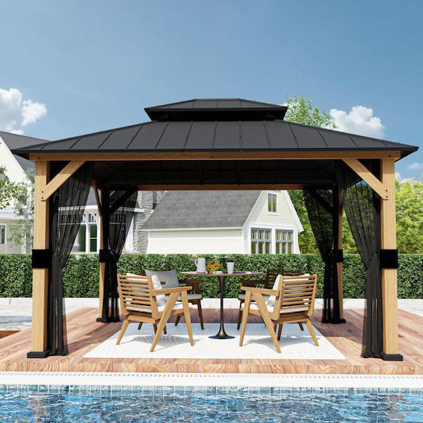13 ft. x 11 ft. Outdoor Patio Wood Frame Gazebo with Double Hardtop Steel Roof and Mosquito Net