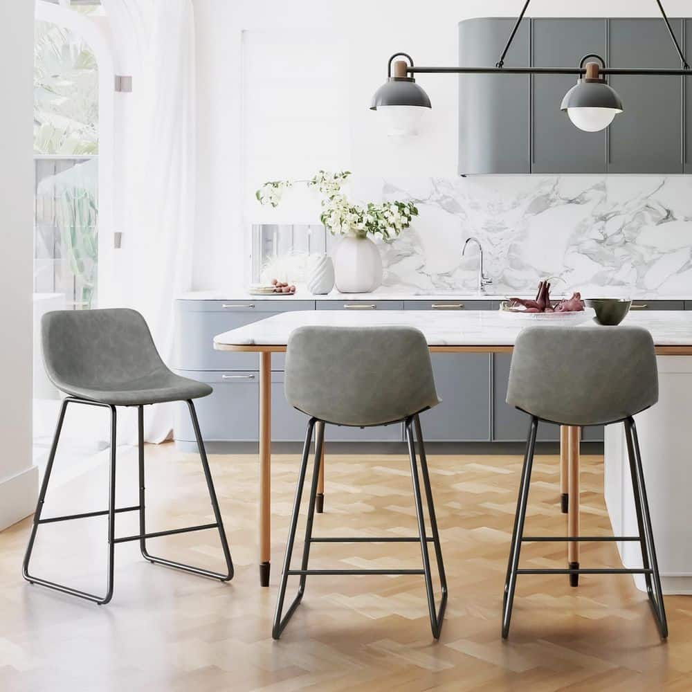 24 in. H Gray Faux Leather Upholstered Barstools Metal Hambrook Curved Back Counter Height Bar Stools (Set of 3)