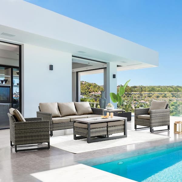 Pocassy 6-Piece All Weater Wicker Outdoor Patio Conversation Sectional Sofa Set with Tea Table, Gray Cushions and Ottomans Set