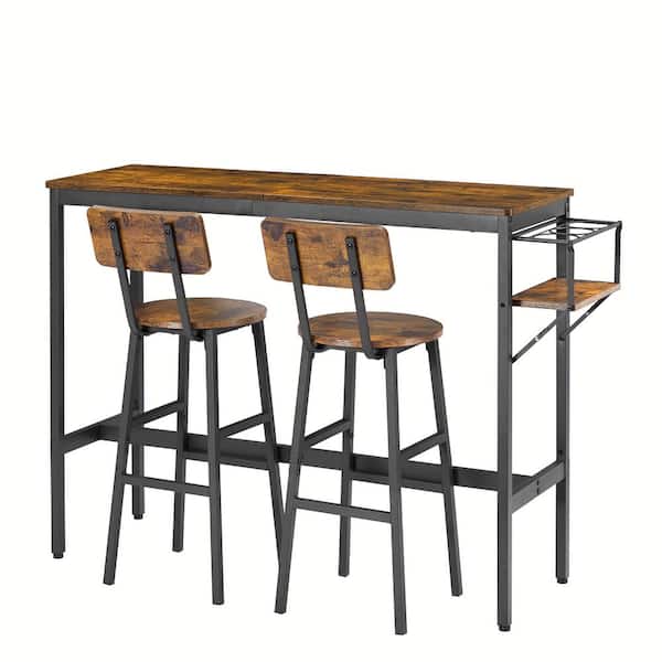 Sudzendf Rustic Brown 3-Piece Wood Outdoor Serving Bar Set with Wine Bottle Storage Rack
