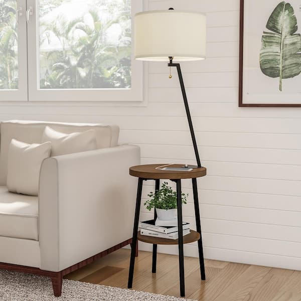 58 in. Brown and Black Mid-Century Modern LED Floor Lamp End Table with USB Charging Port