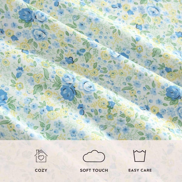 Laura Ashley Rowena 4-Piece Blue/Yellow Cotton Sateen Full Sheet