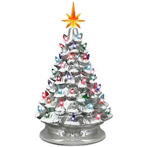 15 in. Silver Ceramic Artificial Christmas Tree Tabletop Luminous Tree