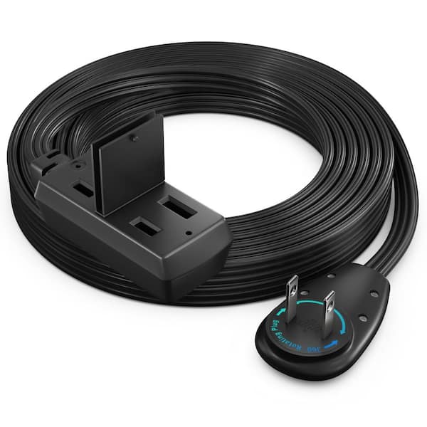 MAXIMM 12 ft. 16/2 Light Duty Indoor Extension Cord 360° Rotating Flat Plug 2-Prong Flat Wire with Cover, Black