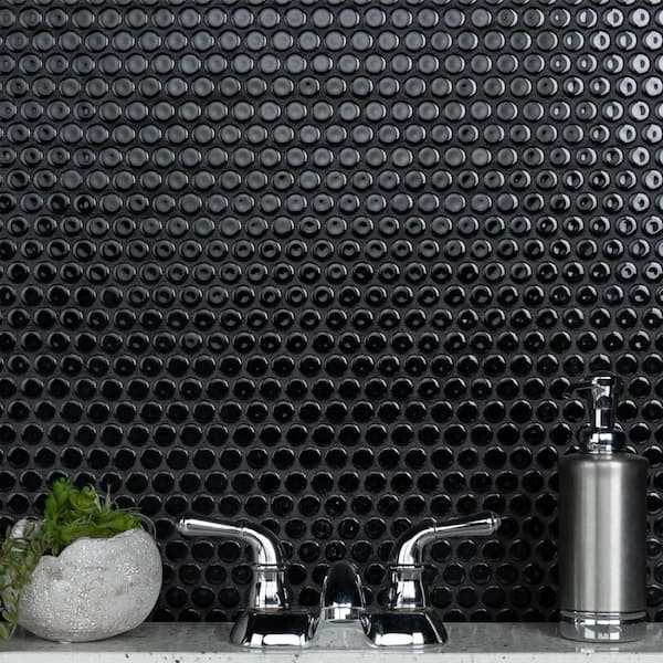 Hudson Penny Round Glossy Black 12 in. x 12-5/8 in. Porcelain Mosaic Tile (10.7 sq. ft./Case)