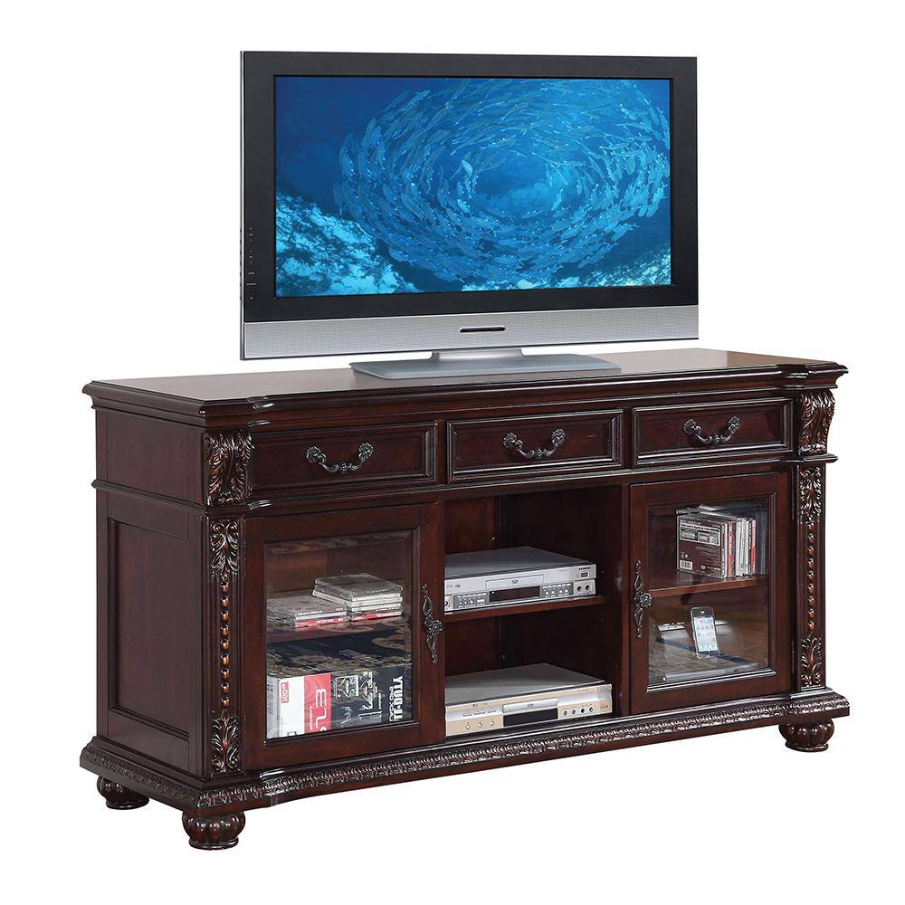 Cherry Finish Elegance 66" Wooden TV Stand with Glass Doors