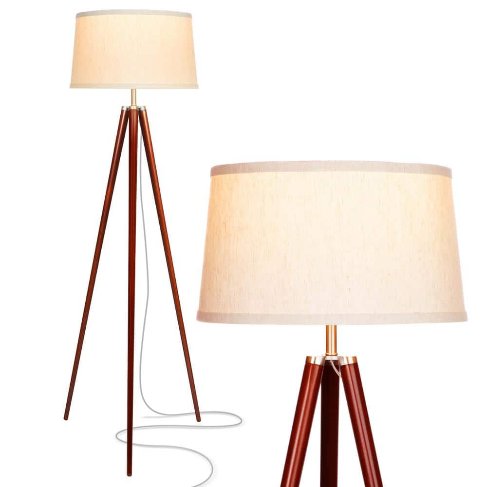 Walnut Brown Tripod Floor Lamp with White Fabric Shade