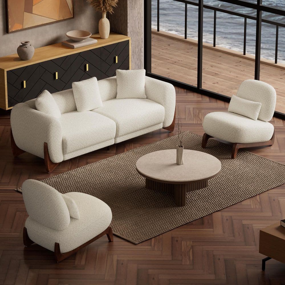 Luxury Cloud Couch 3-Piece Cream White Polyester Fleece Sofa and Armless Chair Living Room Set for Apartment price history on PriceWatchPro