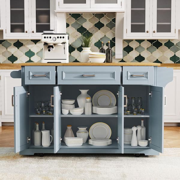 Unbranded Blue Grey Wood 54 in. Kitchen Island with Drop Leaf, Embossed Texture Rolling Cart on 4 Wheels Doors Drawers, Storage