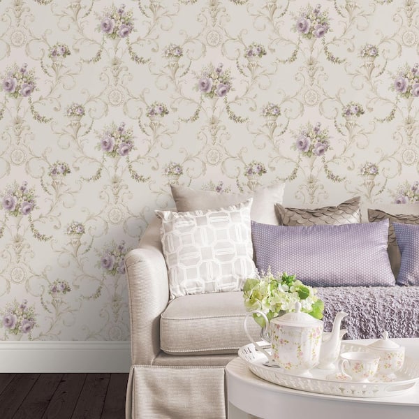 Ornamental Floral Wallpaper in Beige, Yellow and Purple