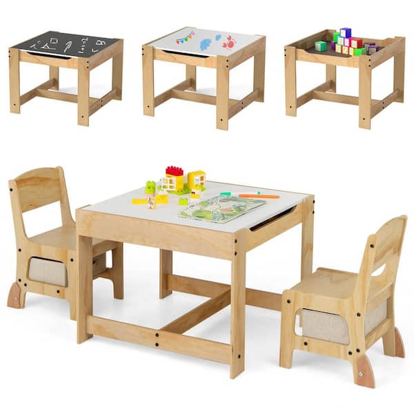 3-Piece 3-in-1 Kids Table and Chairs Set w/Reversible Whiteboard/Chalkboard Top Hidden Storage Natural